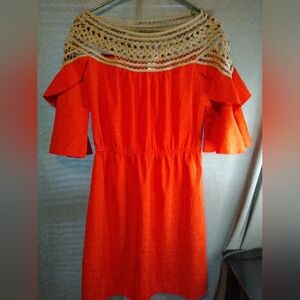 Wesley Elegant Orange Crocket Neckline And Flare Sleeves Dress